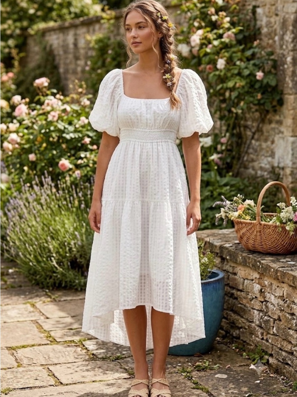 White Puff-Sleeve Midi Dress with Smocked Waist